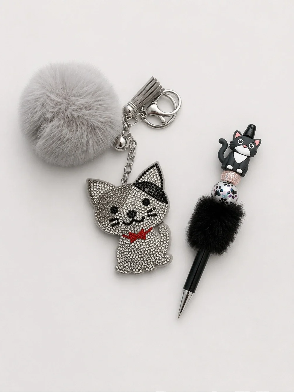 Gray Cat Pom-Pom Keychain and Cat Pen Set